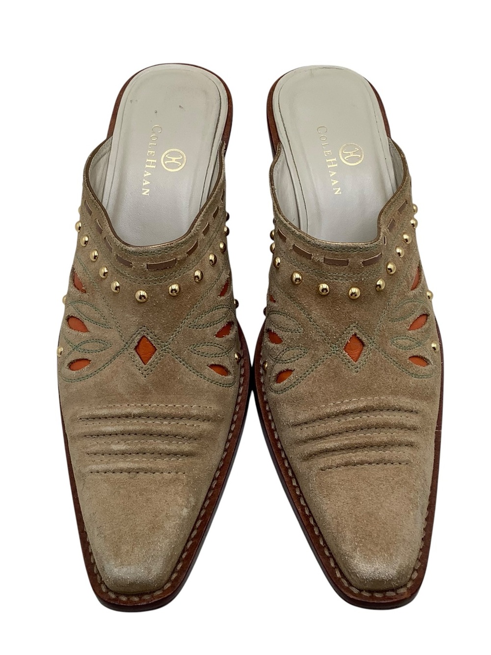 Cole Haan Taupe Suede Slip-On Mules with Gold Stud Accents